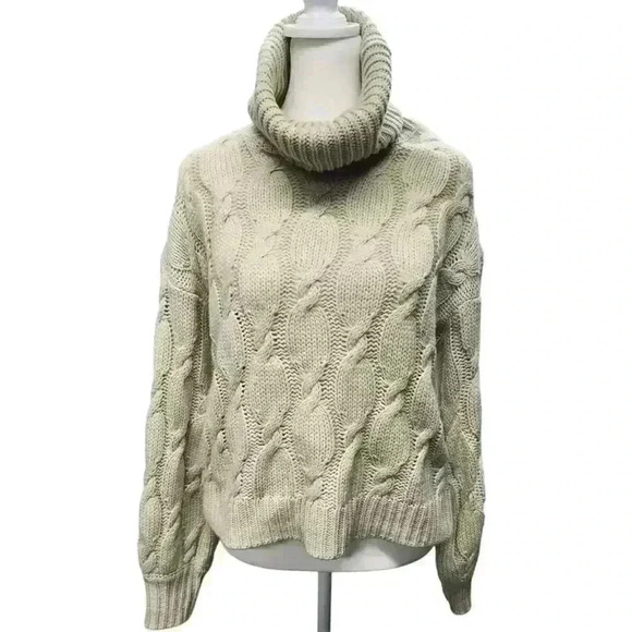 Hippe Rose Cropped Cable-Knit Turtleneck Long Sleeve Sweater Beige Size Large - Picture 1 of 7